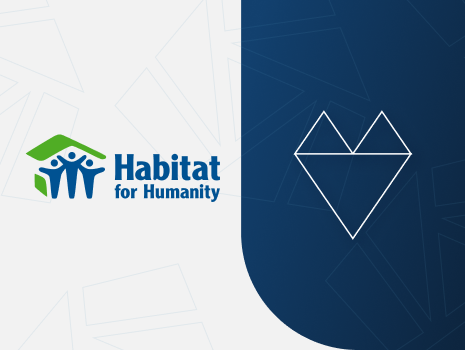 The Habitat for Humanity logo on white background with blue block to the right with line heart icon