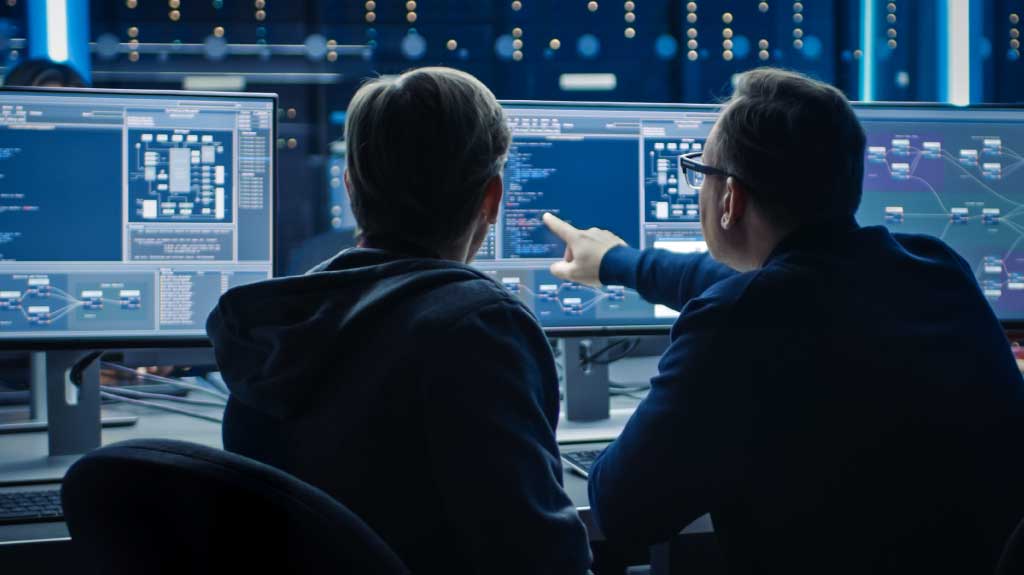 Two Professional IT Programers Discussing Blockchain Data Network Architecture Design and Development Shown on Desktop Computer Display.