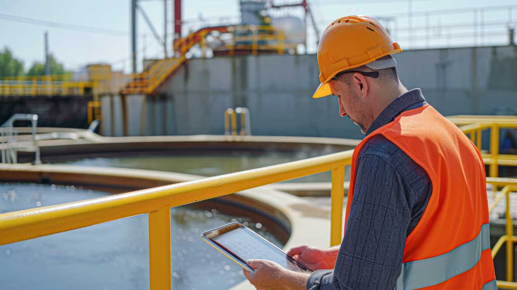 Environmental engineer in a reflective vest inspecting a wastewater treatment plant with a digital tablet.