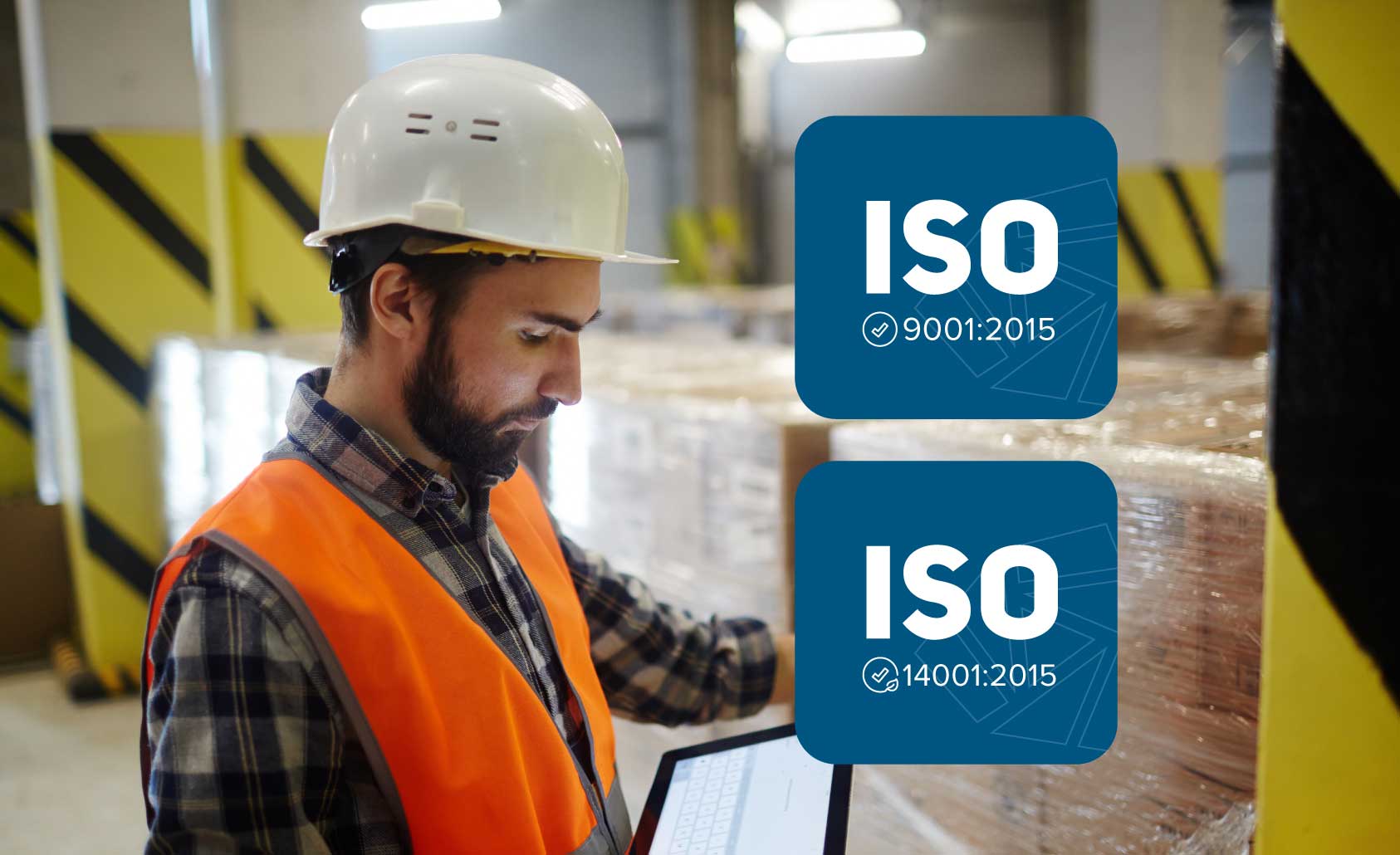 Dispatcher checking items in warehouse. Image has ISO certification icons for ISO 9001:2015 and ISO 14001:2015.