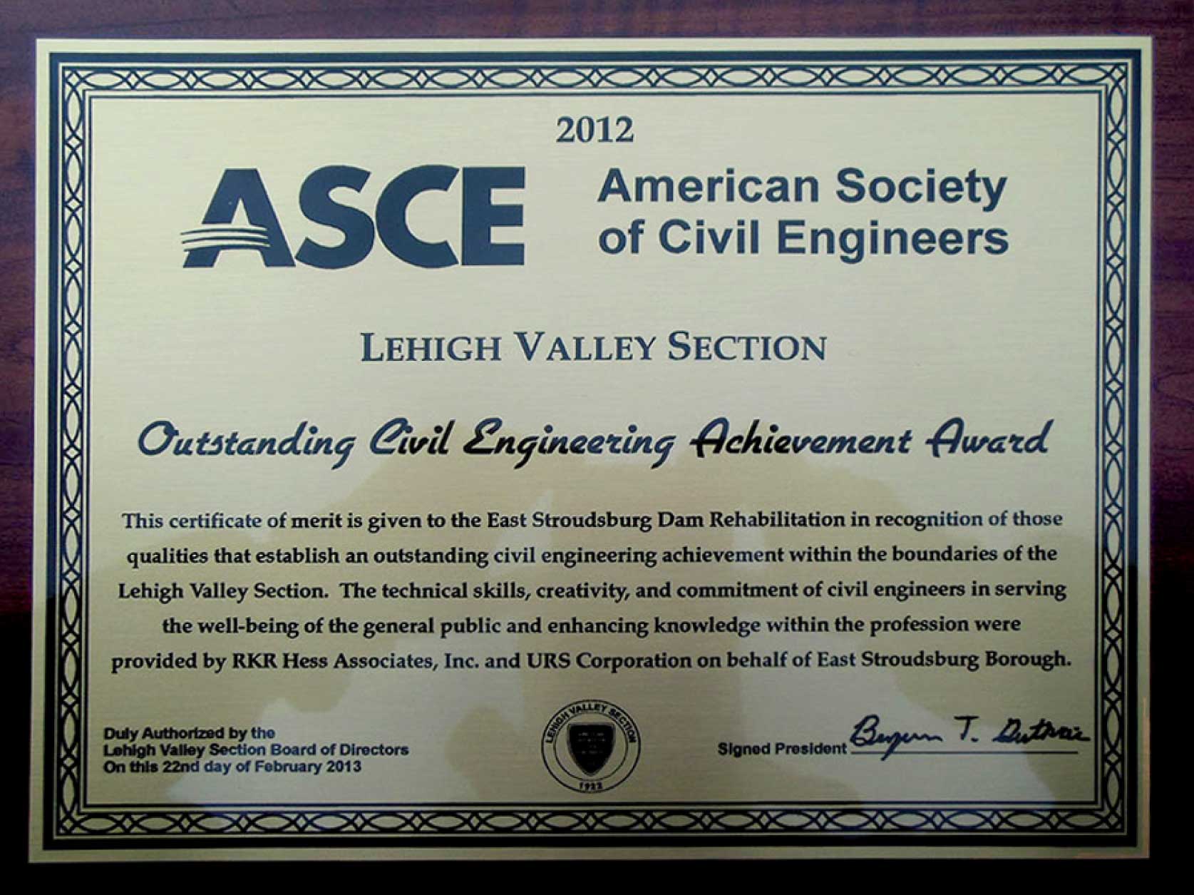 2012 LVASCE Outstanding Civil Engineering Achievement Award