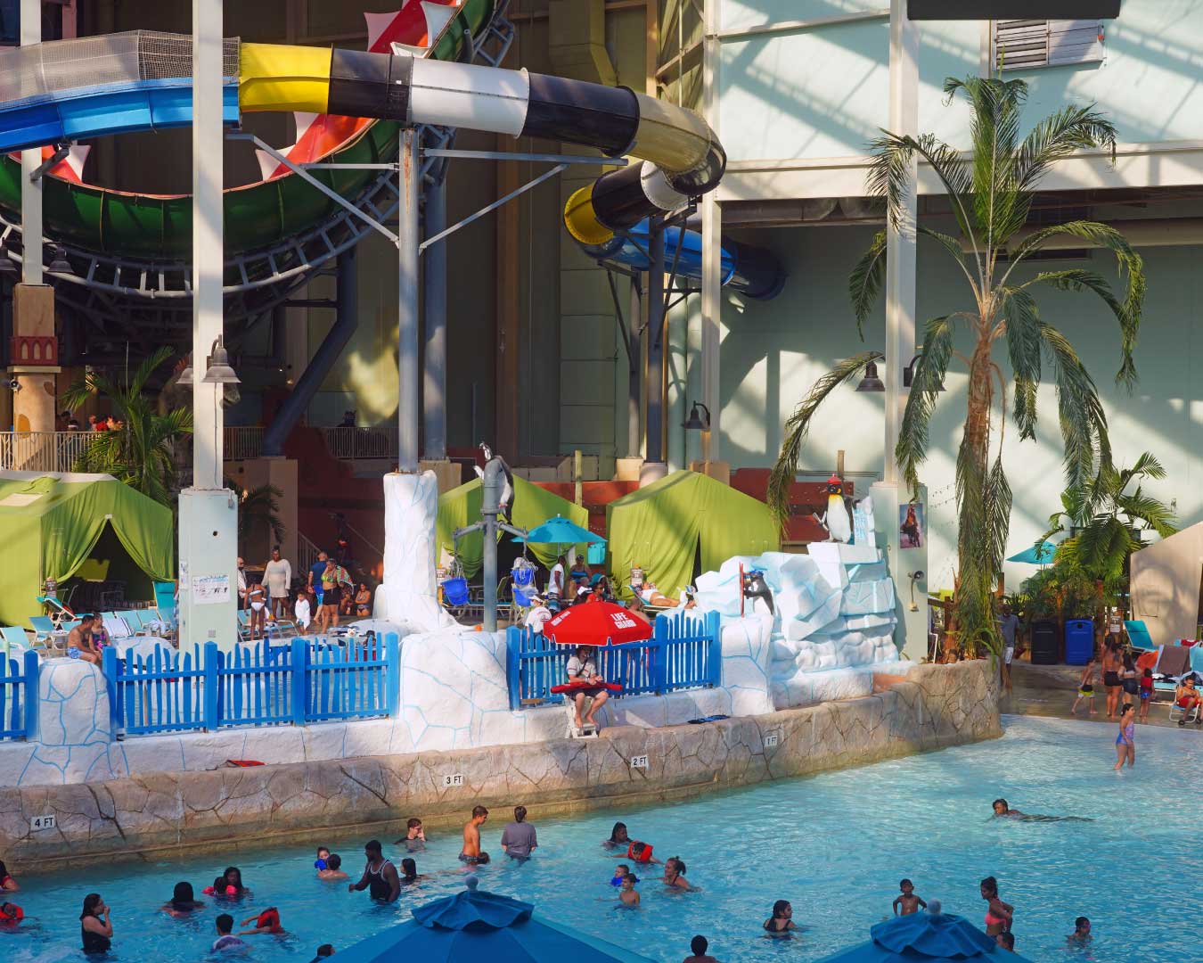 View of the Aquatopia indoor waterpark at the Camelback Mountain Resort, a large ski resort in the Poconos mountains in Pennsylvania, United States.