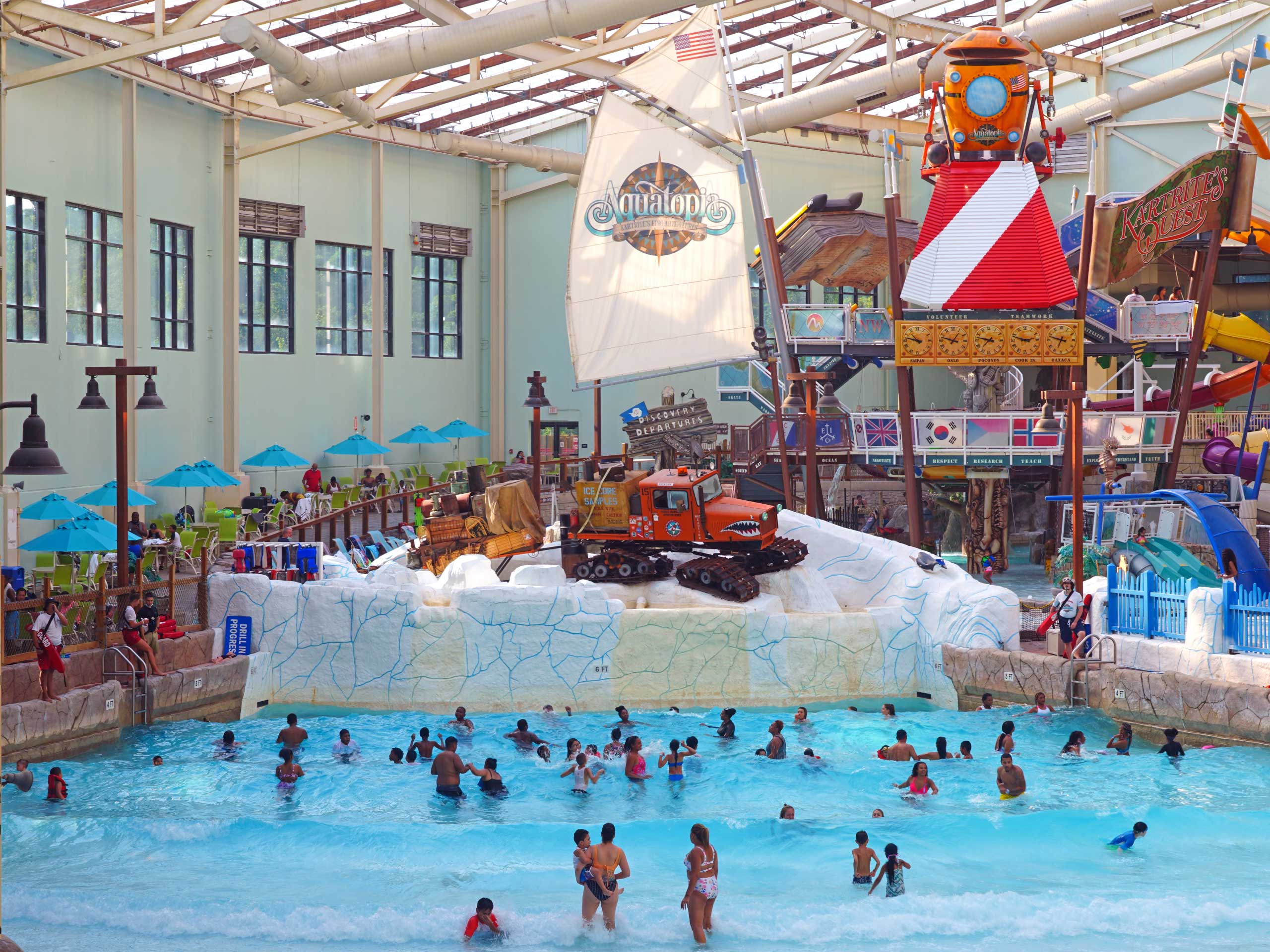 View of the Aquatopia indoor waterpark at the Camelback Mountain Resort, a large ski resort in the Poconos mountains in Pennsylvania, United States.